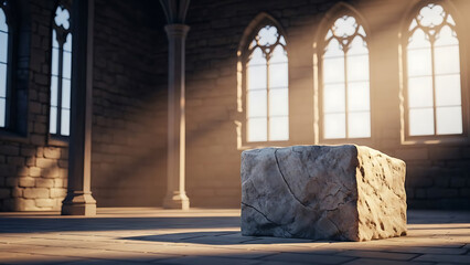 Ancient stone block in empty Gothic church interior with sunlight