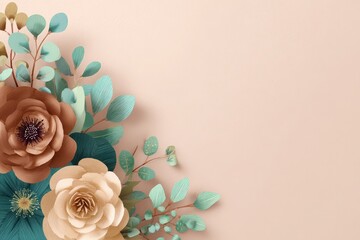 Paper crafted floral arrangement decorates one corner of a pale background surface