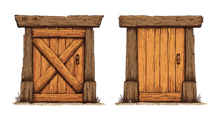 Rustic Wooden Door Cartoon Vector Illustration with Woodgrain Texture