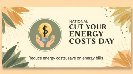 A banner promoting "National Cut Your Energy Costs Day" with a lightbulb, dollar sign, and hands, encouraging energy saving.
