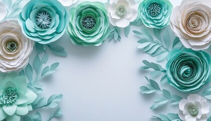 Three dimensional paper crafted floral border frames light blue background space