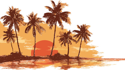 Tropical Sunset Beach with Palm Trees and Vector Illustration of Sunset