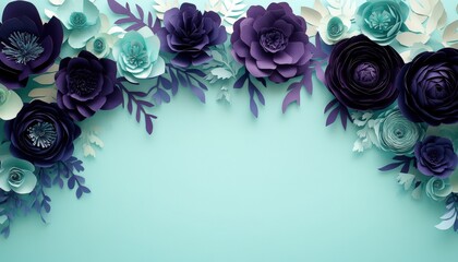 Intricate paper craft floral border frames a soft teal background space for text