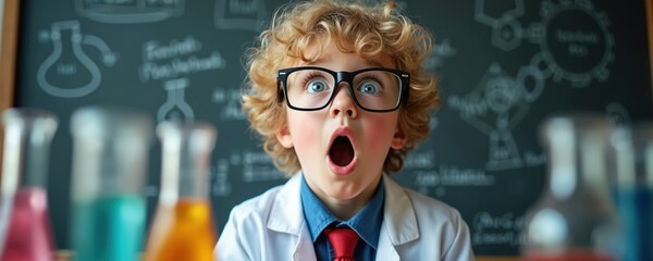 Blond boy with glasses wears lab coat. Child stares with mouth open in surprise. He sits at table with colorful liquids in glass flasks, blackboard behind him.