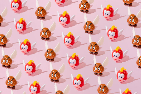 Bar, Montenegro, 1 December 2025, Super Mario toy Pattern flat lay on pink color