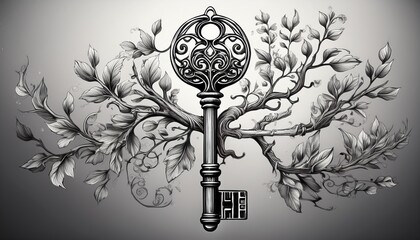 antique key transforming into delicate tree branches in black and white engraving