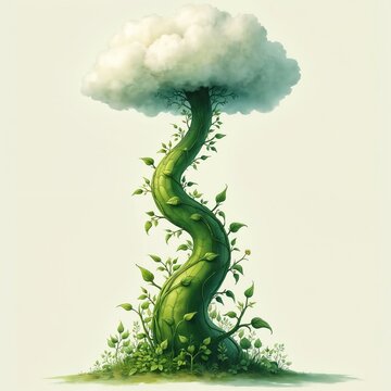 Giant beanstalk plant twists upward into fluffy white cloud against pale sky. Rich green leaves sprout from thick winding vine growth, ambition. Watercolor illustration evokes fantasy.
