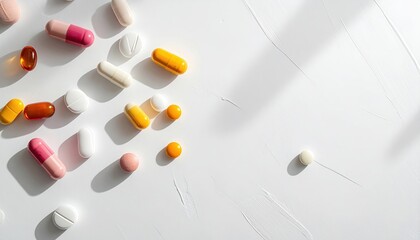Colorful Pills and Capsules on Textured White Background with Sunlight