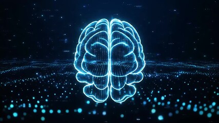 Digital representation of a brain made of glowing blue lines and dots animation - Powered by Adobe