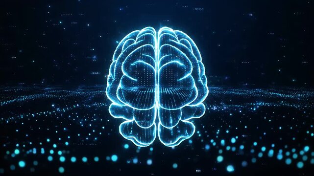 Digital representation of a brain made of glowing blue lines and dots animation