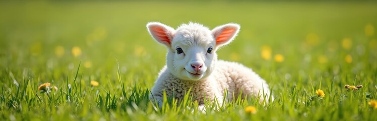 Fototapeta premium Cute fluffy white lamb rests in vibrant green grass with yellow wildflowers. Innocent baby sheep looks forward, enjoying sunny day in countryside. This young animal represents spring and new life.