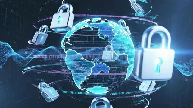 A futuristic video showcasing a globe surrounded by digital padlocks and cyber security elements in a dark blue neon-lit environment.