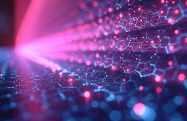 Digital grid network with glowing pink and blue lights. Futuristic data flow simulation abstract. Technology concept for big data analysis, science network structure.