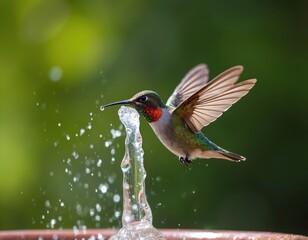 Fototapeta premium Small hummingbird drinks water from fountain mid-air. Wings blurred motion, iridescent green feathers gleam. Bird hovers near water jet spray in summer garden.