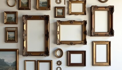Ornate gold, brown picture frames arranged on white wall. Empty frames vary in size, shape, style. Offers classic gallery wall aesthetic for interior decor. Displays ornate detail, antique charm.