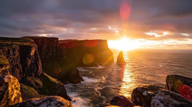 The sun sets over rugged cliffs, casting an amber glow on the ocean waves below. These cliffs and the shimmering water create a stunning scene of natural beauty and tranquility.