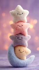 Stack of colorful smiling star plush toys resting on a crescent moon,soft,children