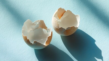Two broken chicken eggshells resting on a bright blue surface casting shadows