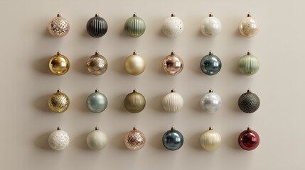 Array of luxurious Christmas baubles display various elegant holiday textures and colors