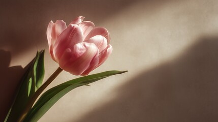 Beautiful pink tulip flower with dramatic shadows in soft light