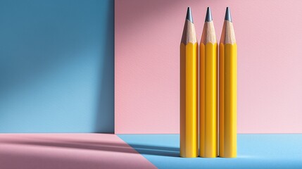 Three sharpened yellow pencils stand upright against a pink and blue backdrop,office,art