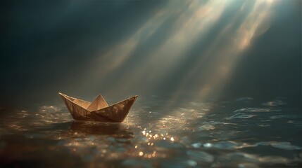Golden paper boat floating on calm water with sunbeams
