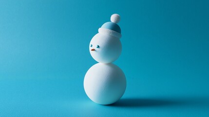 Adorable minimal snowman figure wearing blue winter hat against teal background