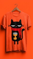 Grumpy black cat wearing a red scarf holding warm coffee drink