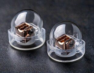 detailed macro shot of two transparent in ear monitor components showing internal electronics on a dark textured surface