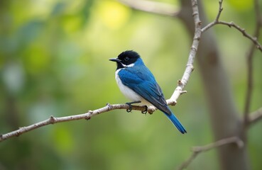 Small blue and white bird with black head perches on tree branch in daytime. Avian creature has long tail feathers. Rich green foliage background creates shallow depth of field.
