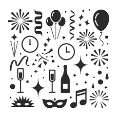 Party Celebration Icons Vector Set, Balloons, Fireworks & Festive Elements