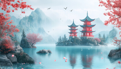 Asian inspired artwork features pagodas river, misty mountains. Serene landscape japanese architecture in oriental flora, fauna