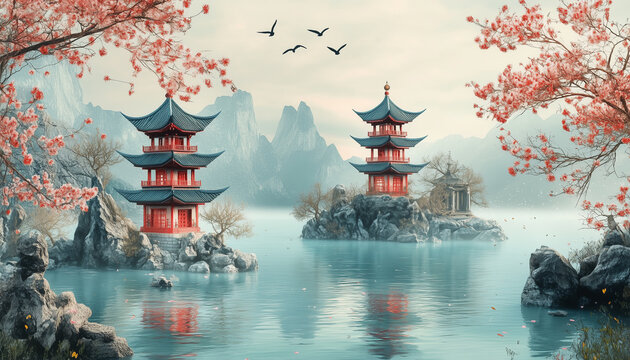 Asian inspired artwork features pagodas river, misty mountains. Serene landscape japanese architecture in oriental flora, fauna