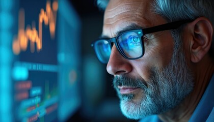 Mature man in glasses looks at glowing computer screen with charts. He is focused on digital data analysis. This represents work, finance, and tech careers.
