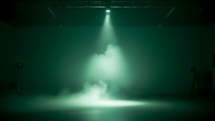 A blue spotlight shining on a dark stage at night creating a glowing concert atmosphere