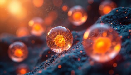 Microscopic view of glowing cells or particles suspended in dark textured environment. Orange cores radiate energy. Abstract science background with bokeh effect, blurred light.