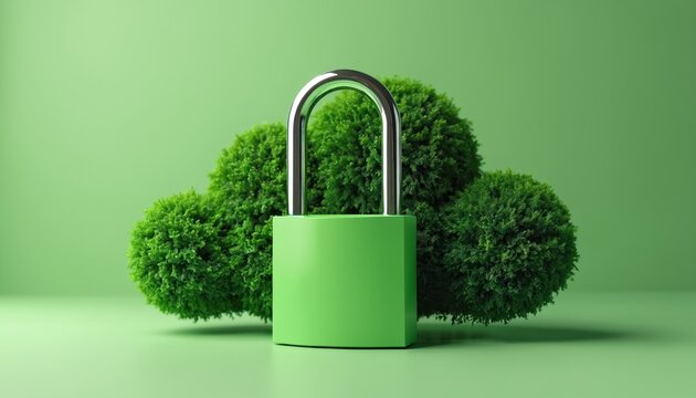 Green padlock secures rich foliage forms shaped like cloud. Concept for eco friendly data storage or environmental protection strategy. Symbolizes secure nature resources. - Powered by Adobe