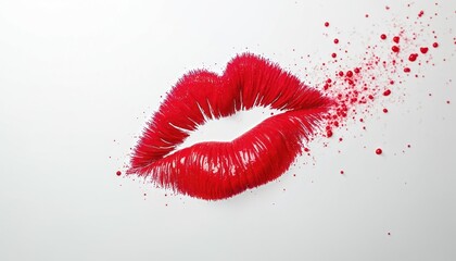 Fototapeta premium Bold red lipstick kiss print splatters dynamically across a clean white background. This vibrant graphic symbolizes passion, love, and beauty, ideal for cosmetic or romantic promotions.