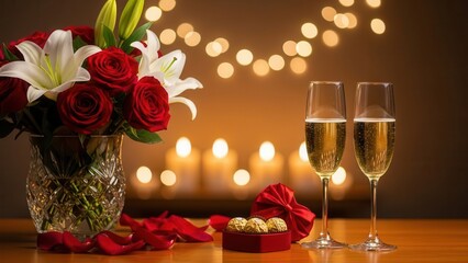 Romantic valentines day dinner setting with champagne roses and chocolate truffles