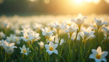 Field of white Easter lilies bloom under soft warm morning sunlight creating a peaceful natural scene. Lush green stems support delicate petals. Fresh floral beauty. © miss irine