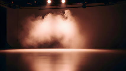 Obraz premium Mysterious Stage with Fog: An empty stage enveloped in a mystical atmosphere, with a cloud of fog illuminated by the subtle glow of spotlights, creating a captivating and evocative scene.