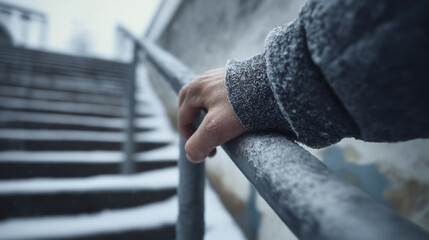 Person holding metal handrail on snowy outdoor staircase symbolizing winter safety and caution.
