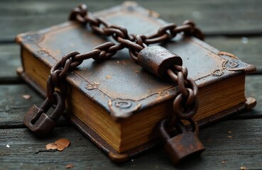 Old brown book secured with rusty chain and padlocks. Forbidden knowledge concept. Vintage literature locked on wooden table. Secret information protection.