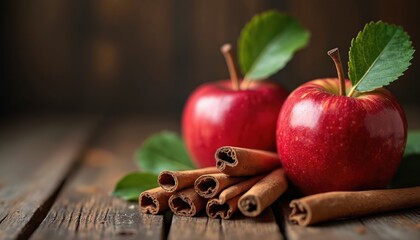Red apples and cinnamon sticks rest on rustic wooden table surface. Fresh fruit with spice arranged for autumn baking or healthy eating. Natural ingredients for pies.