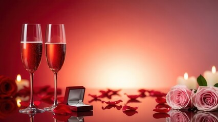 Two glasses of sparkling wine engagement ring and pink roses on red surface