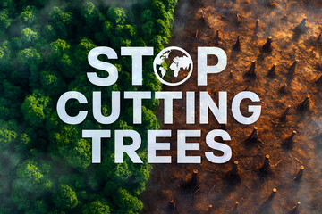 Stop Deforestation A Plea to Protect Our Planet's Forests. Cutting trees. Environment protection concept.