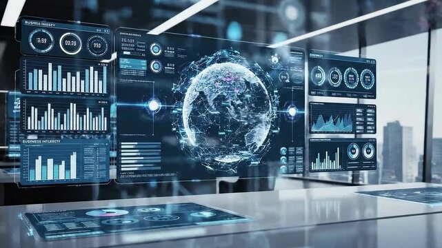 A futuristic video showcasing a digital brain surrounded by various data visualizations and graphs in a modern control room with a sleek design