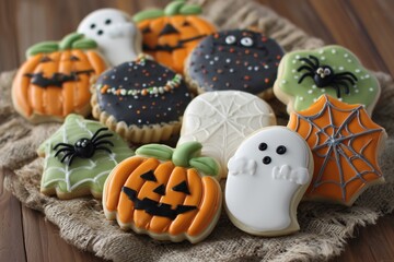 Assorted Halloween-themed decorated cookies featuring pumpkins, ghosts, spiders, and spider webs on a wooden surface.