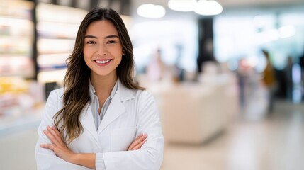 Smiling woman in white coat stands confidently in modern pharmacy during busy day with customers nearby