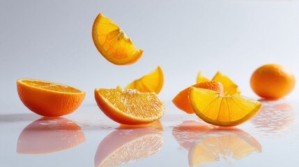 Floating orange slices create a dynamic display on a reflective surface in a bright setting